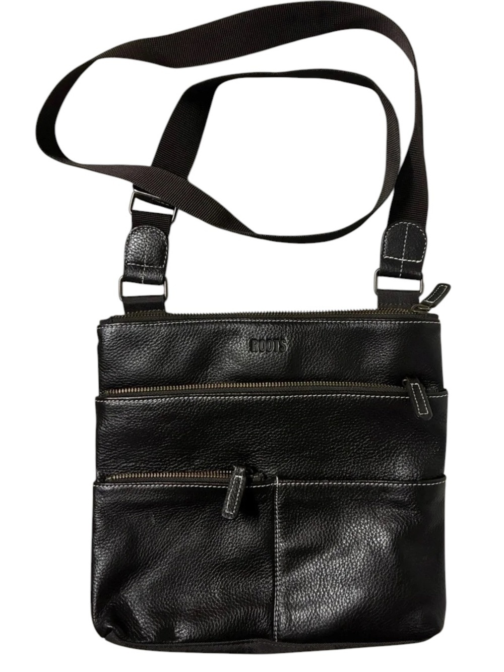 ROOTS Canada Black Pebbled Leather Crossbody Multi-Pocket Messenger Bag - Picture 6 of 13